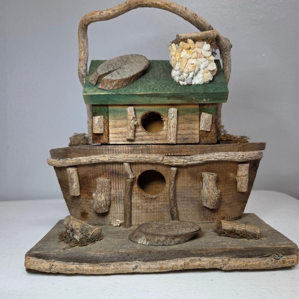 Boat Ark Birdhouse Double Barn Wood Rustic Cabin Garden Ornament Porch Decor